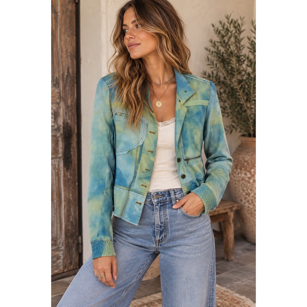 Simon Chang Women Blue Lime Tie Dye Linen Blend Utility Jacket Size 10